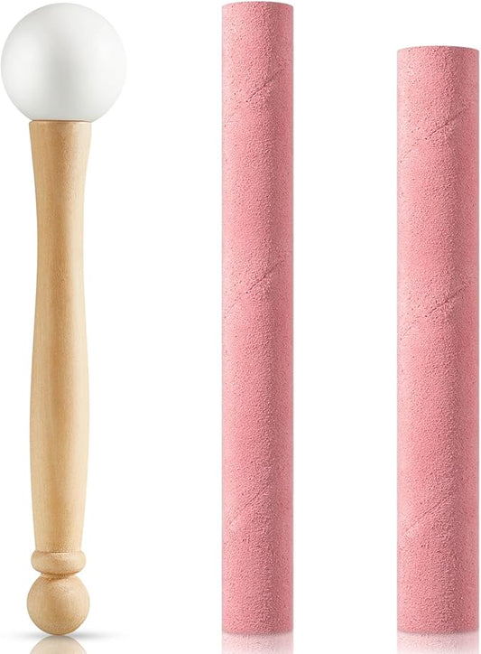Nuanchu 3 Pieces Crystal Singing Bowl Mallet Set, Include Thick Suede Striker Solid and Hollow Sound Bowl Stick, Crystal Singing Bowl Rubber Mallet with Wood Handle for Playing Bowl (Pink) - Bloomnest