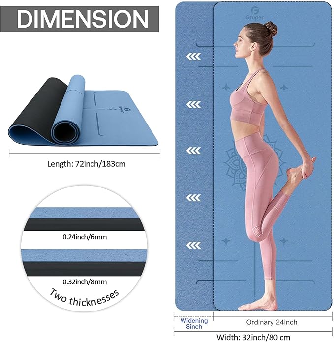 Yoga Mat Non Slip TPE Extra Wide Yoga Mat with Alignment Mark, 72"L x 32"W x 0.32"/0.24"Th (183cm x 80cm x 8mm/6mm), Anti-Tear Exercise Mat with Carrying Strap and Bag, Workout Mats for Yoga, Pilates - Bloomnest