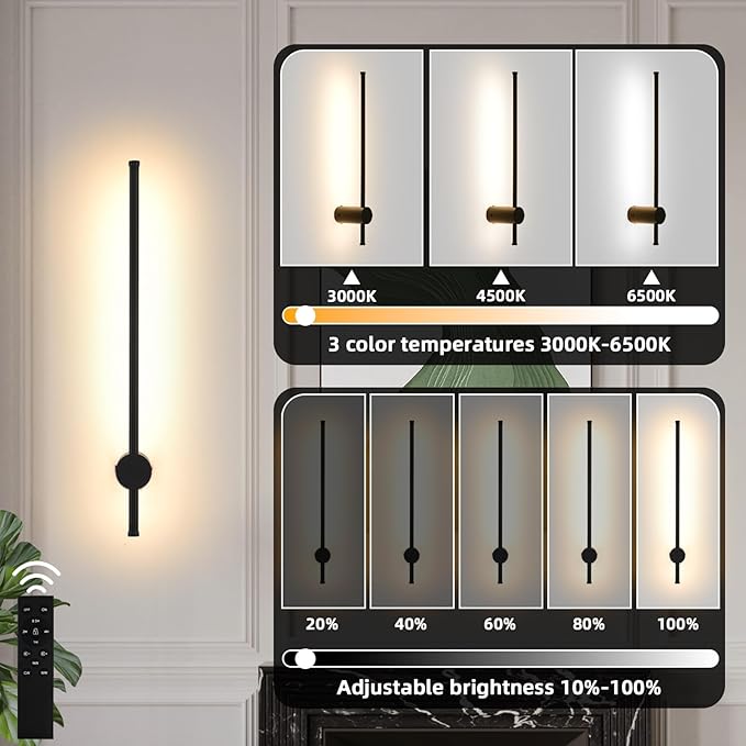 LED Wireless Wall Sconce with Remote Control, Dimmable/350° Rotate/Timing/USB Rechargeable Battery Powered Indoor Wall Lamps, 23.6 inch Black Wall Lights Set of Two for Hallway, Living Room, Bedroom - Bloomnest