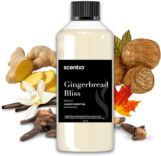 Scentia Gingerbread Bliss Fragrance Oil – 500ml Professional Christmas Diffuser Oil | Cozy Holiday Blend with Ginger, Nutmeg, Cinnamon & Vanilla | Aromatherapy for Homes, Spas, Hotels & DIY Supplies Scentia