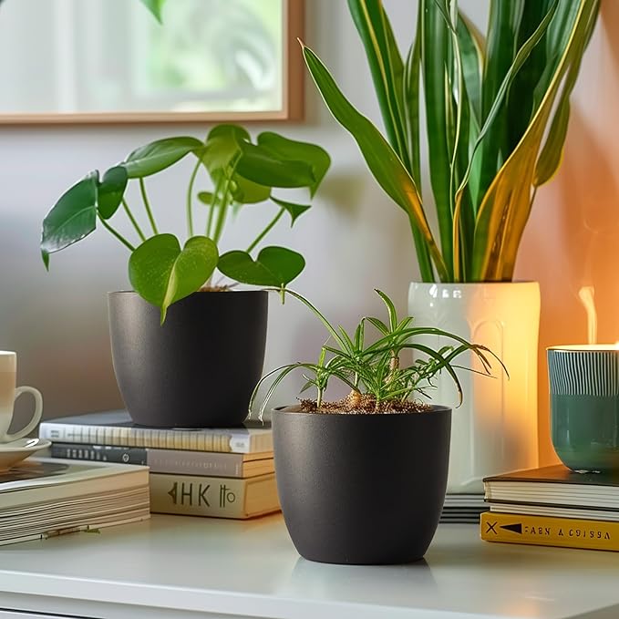 T4U 6 Inch Self Watering Planters Plastic Plant Pot, Modern Decorative Flower Pot/Window Box for All House Plants, Flowers, Herbs, African Violets, Succulents - Black, Set of 6 - Bloomnest