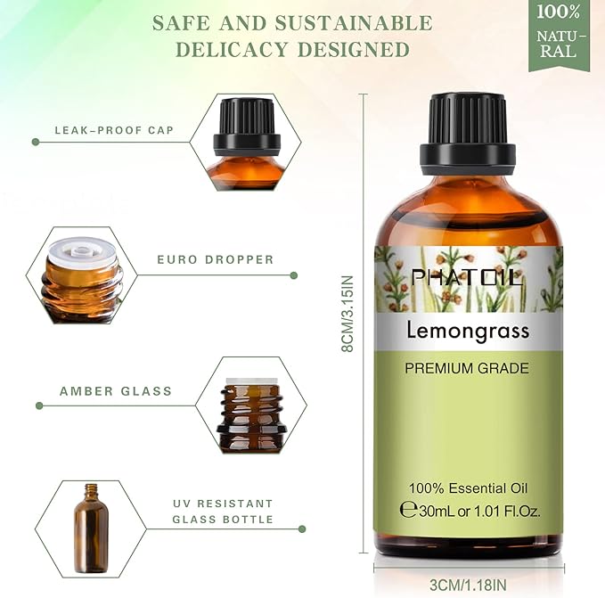 Lemongrass Essential Oil 1.01fl.oz/30ml, PHATOIL Lemongrass Oils Long Lasting Scents for Aromatherapy, Diffuser, DIY Soap and Candle Making PHATOIL