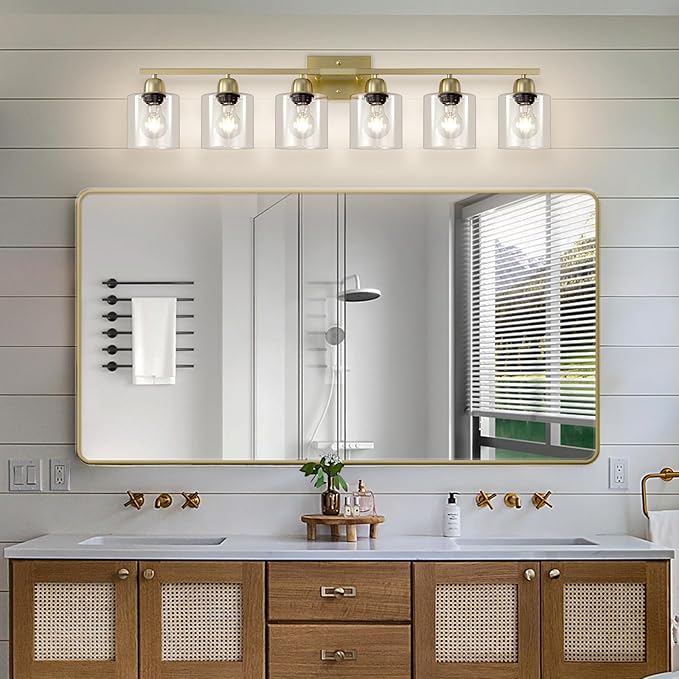 Modern Brushed Gold 6 Light Bathroom Light Fixtures,38 inch Vanity Lights for Bathroom with Clear Glass, Vanity Light for Mirror Kitchen Living Room Hallway Cabinet Porch - Bloomnest
