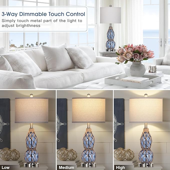 26" Coastal Glass Table Lamps Set of 2, 3-Way Dimmable Touch Lamps with USB Ports and AC Outlet, Nautical Bedside Lamps for Bedroom Living Room - Bloomnest