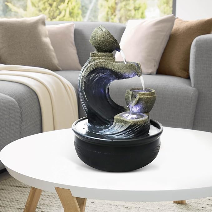 Indoor Tabletop Water Fountain with LED Light - 15.7-inch High 4-Tier Desktop Waterfall Fountain for Home Bedroom Office Decor