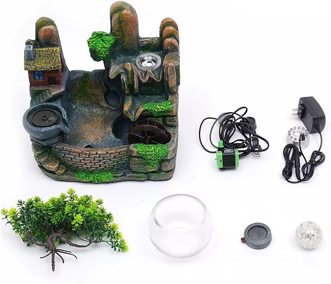 Waterfall Fountain Indoor Mini Waterfall with Led Lights & Atomizer Indoor Fountains and Waterfalls Table Top Water Fountain for Office, Home, Bedroom Desk Decor (Round Bowl Flowing Waters)