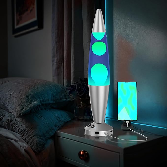 JAMBO 16-Inch Beautiful Lamp with Wax, Relaxing Night Light Home Decor, Extra Tall, Living Room Office Bedroom Lamp for Adults, Teens, Kids (USB, Auto Shut Off, Silver Base, Blue Liquid, Yellow Wax) - Bloomnest