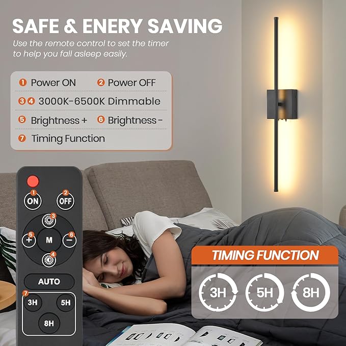 Battery Operated Wall Sconces with Remote Control, 11000mAh LED Wireless Rechargeable Black Wall Lights, 350°Rotate Dimmable Wall Lamp, 3 Color Temperatures, for Bedroom, Living Room, Hallway, 1 PCS - Bloomnest