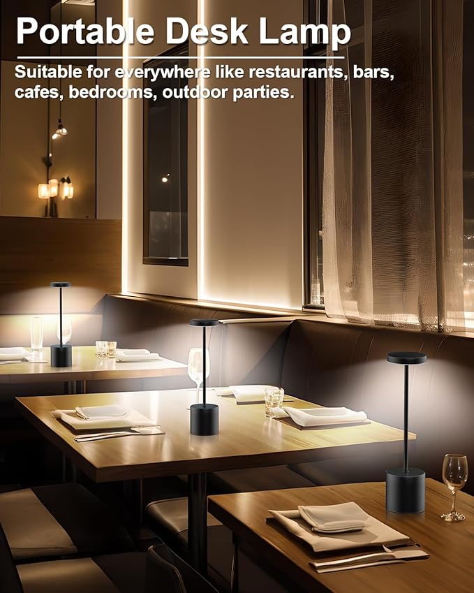Cordless Table Lamps Rechargeable, Portable LED Desk Lamp, 5000mAh Battery Powered Wireless Table Light - 3 Color Dimmable Lighting for Restaurant Dining Patio Outdoor Bedroom(Black) - Bloomnest