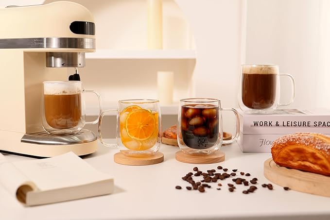 CNGLASS Glass Coffee Mugs 12oz,Double Wall Insulated Mug Set with Handle,Clear Glass Espresso Mugs for Latte,Cappuccino,Tea Bag,Hot and Cold Beverages,Set of 2 - Bloomnest