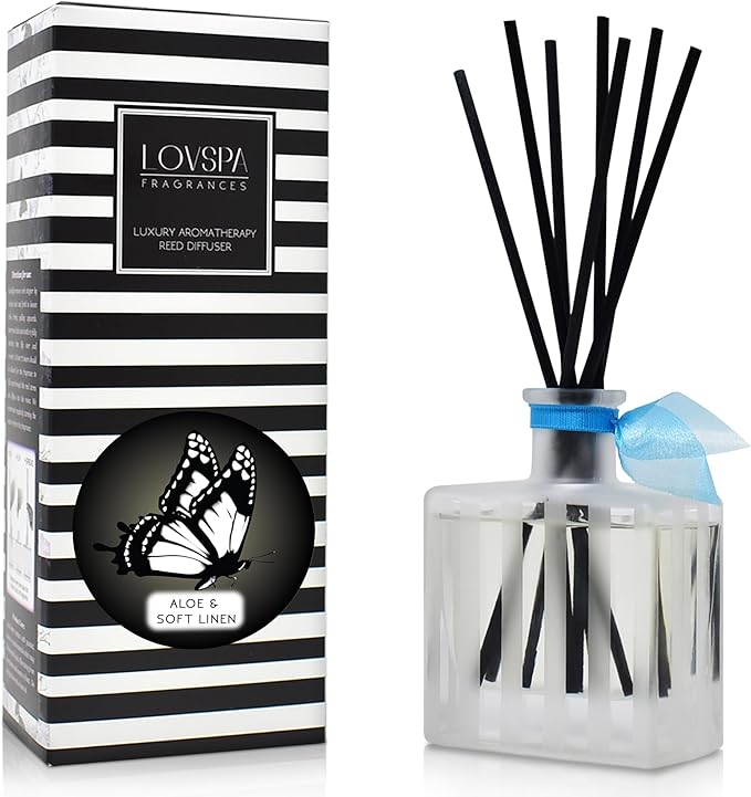 LOVSPA Reed Diffuser Set, Aloe & Soft Linen Scented Oil Diffuser with Sticks, Home Fragrance Accessories for Bathroom Shelf Decor, Aroma Diffusers for Home or Office Desk, USA Made
