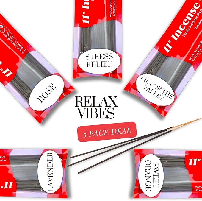 Aroma Depot Relax Vibes 11'' Incense Sticks - Variety Set 500 Pack - 11 inch - 5 Bundles 100 Sticks Per Fragrance Scent. Set Features Lavender, Lily of The Valley, Rose, Stress Relief, Sweet Orange