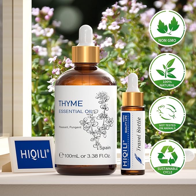 HIQILI 3.38 Fl Oz Thyme Essential Oil, 100% Pure Undiluted for Hair, Skin, Diffuser, Aromatherapy, Includes 10ML Travel Bottle - 100ML - Bloomnest