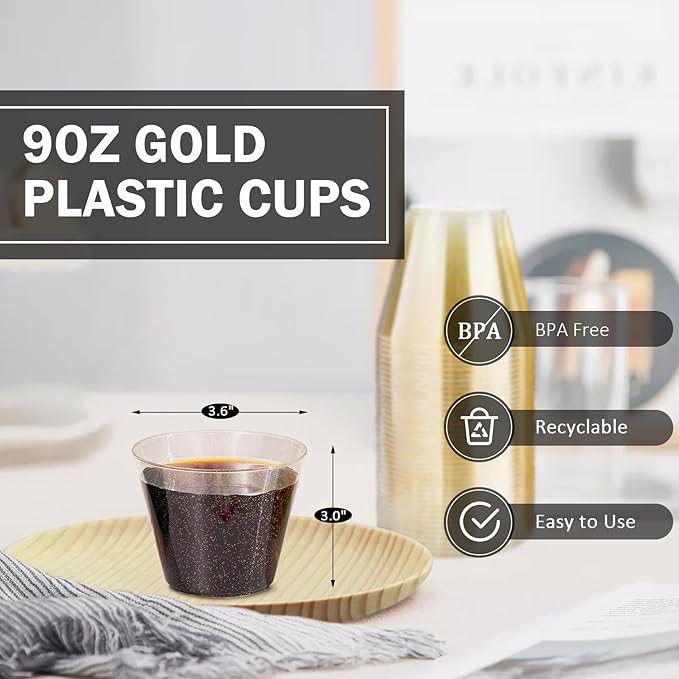 100 Count 9 oz Gold Plastic Cups, Disposable Cocktail Cups for Wedding & Party, Bulk Gold Plastic Tumblers, Fancy Disposable Party Cups for Cold Drinks - Bloomnest