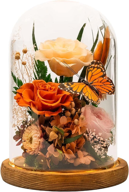 Eternal Flower with Butterfly: Big Flowers Big Love-Elegant Flower in Glass Dome-Thanksgiving, Christmas, Mom Gifts for Her-Flowers for Delivery Prime-Floral Arrangements (Orange) - Bloomnest