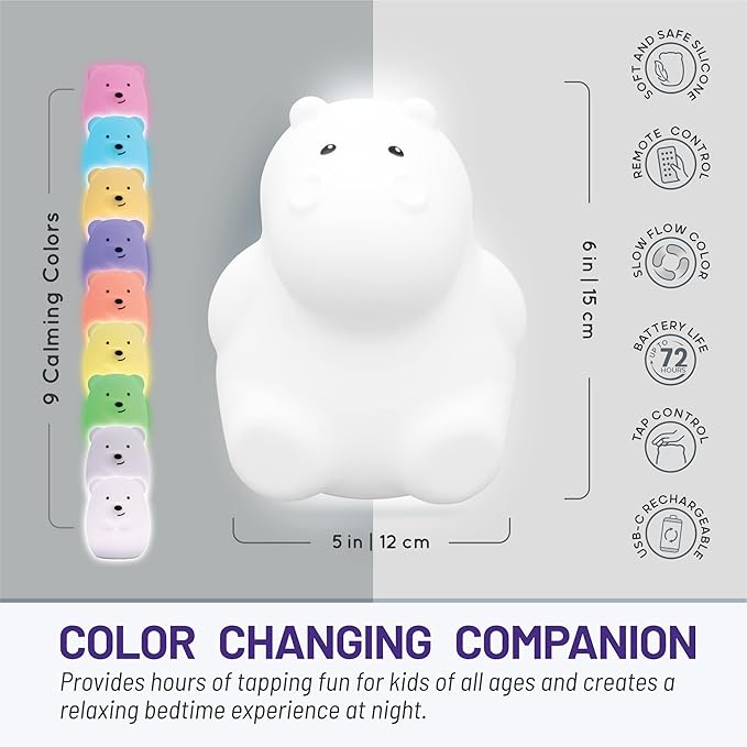 LumiPets Honey the Hippo Silicone Night Light for Kids | Squishy Lamp with Tap & Remote Control | Rechargeable, 9 Color Changing Animal Night Light for Boys & Girls | Portable Nightlight With USB Cord - Bloomnest
