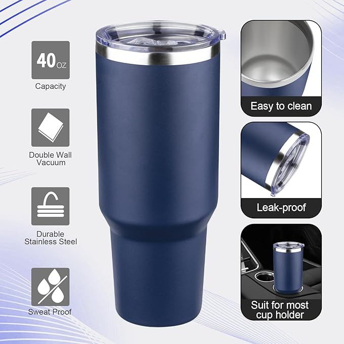 40 oz Tumbler with Lids and Straws Double Wall Vacuum Insulated Tumbler Cup,Stainless Steel Leak-proof Thermal Tumbler Powder Coated Travel Coffee Mug for Cold and Hot Drinks,Navy Blue - Bloomnest