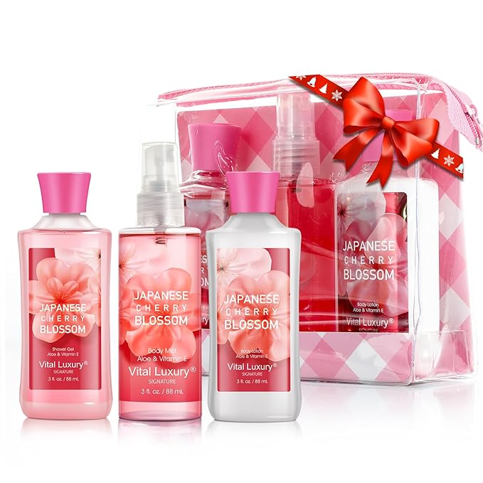 Bath & Body Care Travel Set - Home Spa Set with Body Lotion, Shower Gel and Fragrance Mist, Personal Body Care Travel Set for Birthday Christmas New Year Gifts(Japanese Cherry Blossom) - Bloomnest