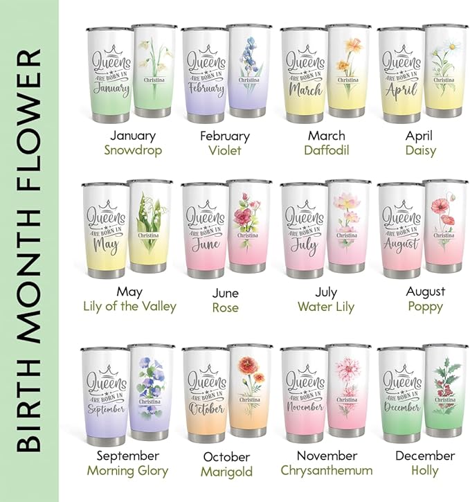 Birthday Gifts for Women Personalized Birth Flower Tumbler 20oz 30oz Stainless Steel Coffee Cups, Gifts for Best Friends Mom Wife Grandma, Custom Birth Flowers with Names - Bloomnest