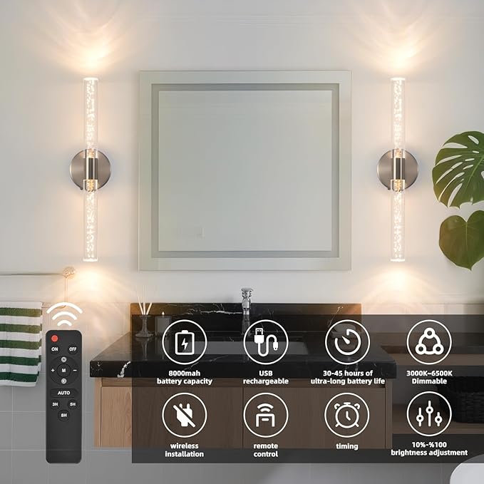 Modern LED Battery Operated Wall Sconces Set of Two, Dimmable Bathroom Crystal Wall Sconce, USB Rechargeable Brushed Nickel Vanity Wall Lamp, Bubble Wall Lights For Bedroom, Living Room. 20-Inch - Bloomnest