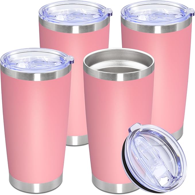 20oz Tumbler Stainless Steel Tumbler Cup with Lid Vacuum Insulated Double Wall Travel Mug, Durable Powder Coated Travel Coffee Tumbler Mug for Hot & Cold Drinks, Pink,4 Pack