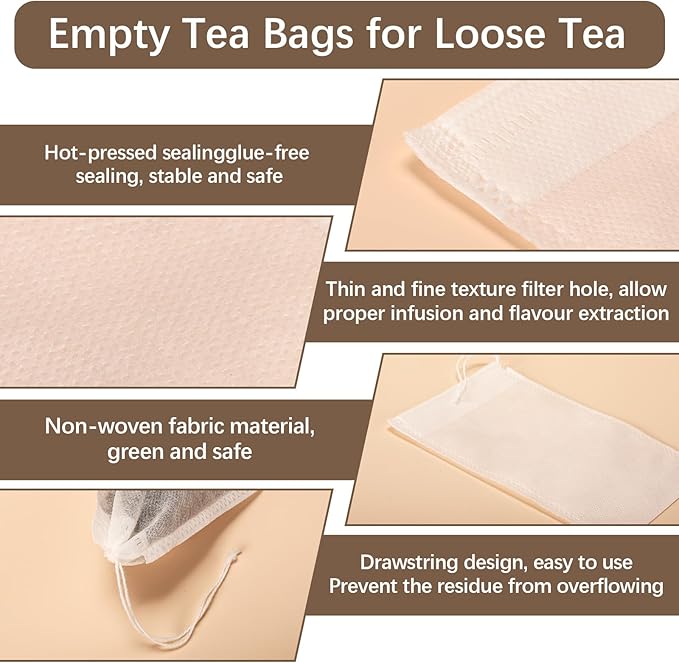 300 Pcs Empty Tea Bags for Loose Leaf Tea, Disposable Small tea Filter Bags with Drawstring fillable Cloth Diy Empty Tea Sachets for Loosetea, Coffee, Herbs, Spice (3.54 x 2.75 inch) - Bloomnest