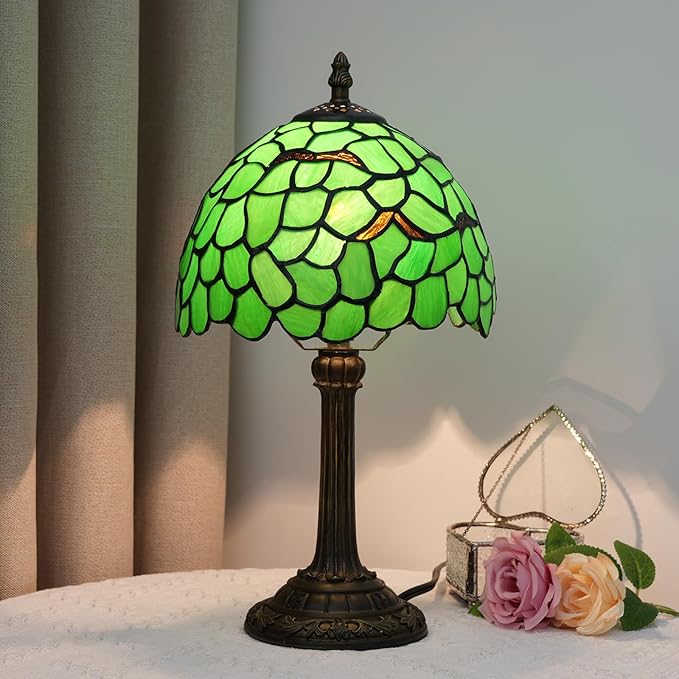 Tiffany Lamp Stained Glass Table Lamp 8X8X14 Inches Desk Reading Light Decor Beside Bedroom Living Room Home (H-1056- Green Leaf) - Bloomnest