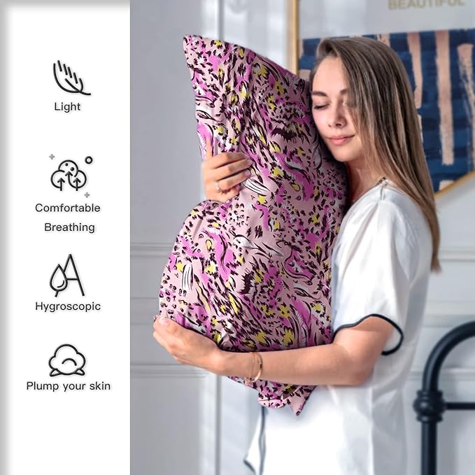 Mulberry Silk Pillowcase for Hair and Skin Standard Size Leopard Print Pillow Cases with Zipper Soft Breathable Smooth Cooling Covers Sleeping (Pink Paint, 20"X 26",1Pcs) - Bloomnest