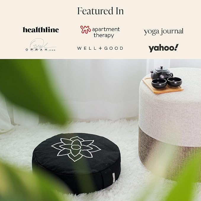 Mindful & Modern Large Meditation Cushion | Zafu Yoga Bolster Meditation Floor Pillow Seat | Buckwheat Hull Filled Crescent Shaped Cushion with Removable Washable Cover + Carry Handle - Bloomnest