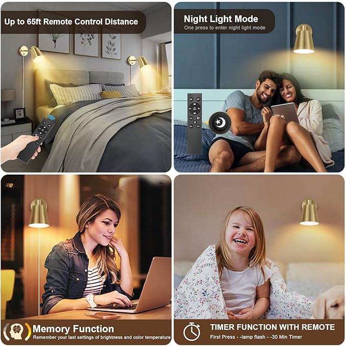 Plug in Wall Sconces with Remote Control, Adjustable Color Temperature 2700K-6000K and Dimmable Wall Sconces Gold Wall Lights with Plug in Cord for Bedroom Bedside Stairway(2 Pack, 2 Bulbs) - Bloomnest