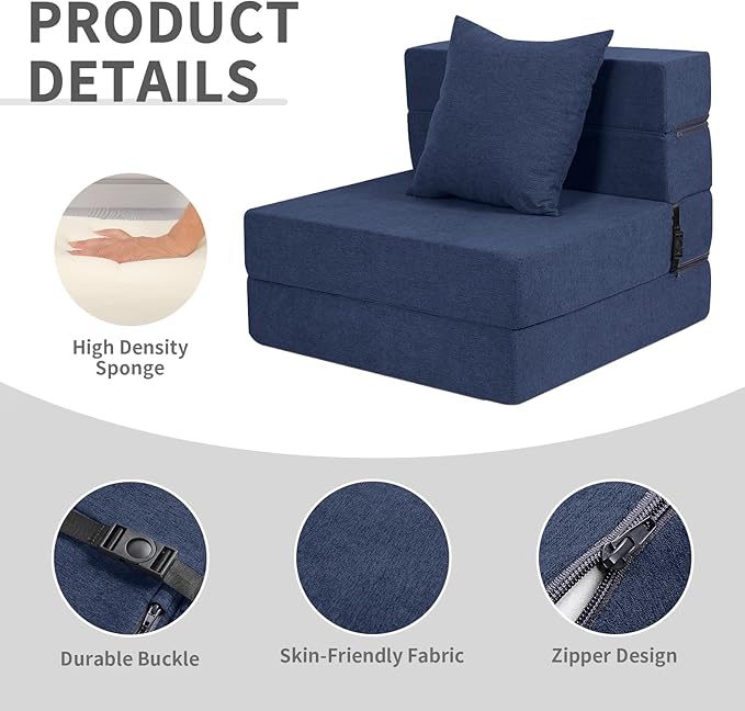 Folding Sofa Bed, High-Density Memory Foam Sofa with a Fluffy Pillow, Floor Couch Guest Bed, Single Size, Navy - Bloomnest