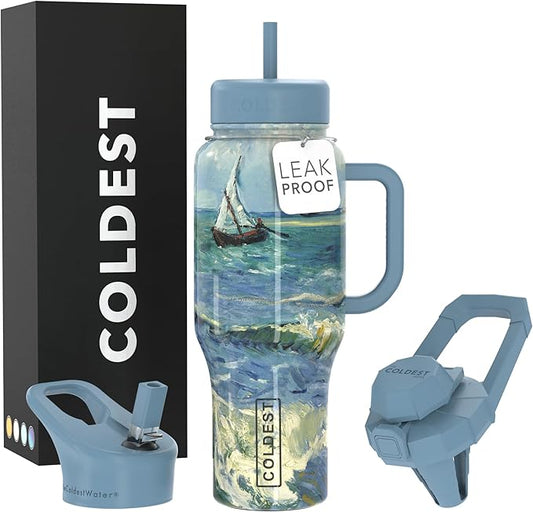 Coldest Tumbler with Handle and Straw - 100% Leak Proof Insulated Tumbler with Lid and Straw (3 Lids) - Stainless Steel Tumblers for Women & Men - Cup Holder Friendly Base, 36 oz (Seascape) - Bloomnest