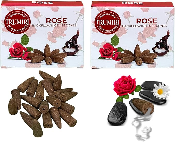 Rose Backflow Incense Cones - Total 20 Incense Cones Waterfall - Dual Pack of 10 Incense Backflow Cones - Waterfall Incense Cones - Incense Waterfall Cones TRUMIRI