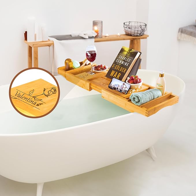 Personalized Bathtub Tray - Engraved Foldable Bamboo Bath Caddy, Tub Tray with Expandable Sides, Luxury Wooden Bath Table for Relaxation Spa - Customized Gift for Mom, Wife, New Home - Bloomnest