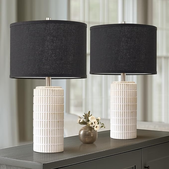 23'' Set of 2 Modern Ceramic Table Lamps, Minimalist Bedside Lamp, Rustic Nightstand End Table Lamp for Bedroom, Living Room, Study Room, Office, 2 LED Bulbs Included (Black) - Bloomnest