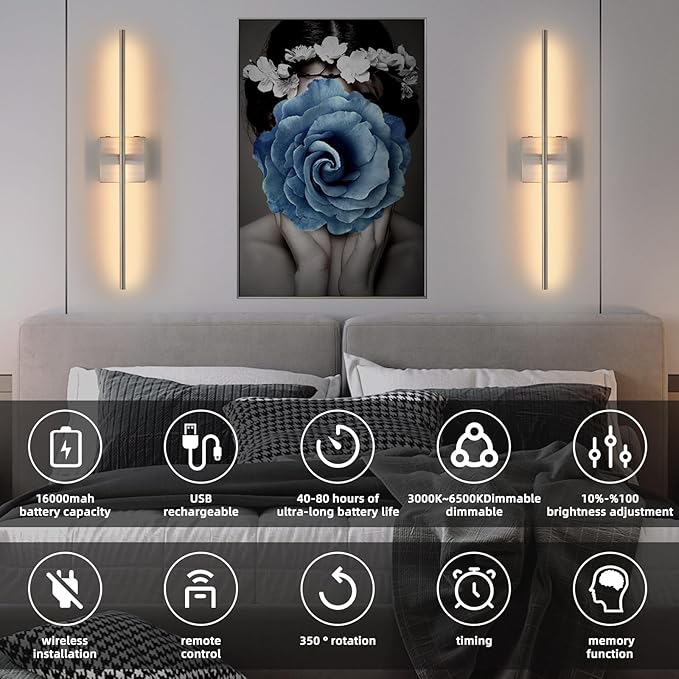Rechargeable Battery Operated Wall Sconces set of 2, Brushed Nickel Wireless Wall Sconce with Remote Control, 3000K-6000K Dimmable LED Wall Light for Living Room Hallway Bedroom Stairs, 29 Inchs - Bloomnest