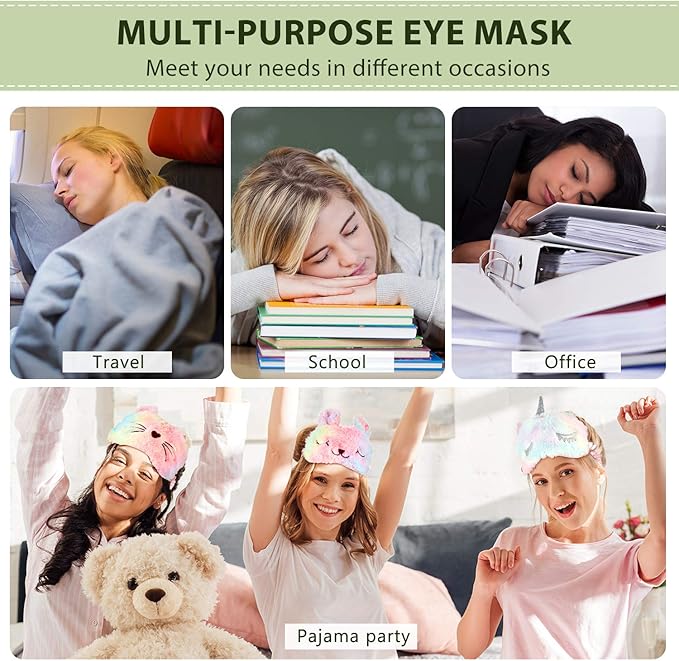 3 Pieces Sleep Mask for Kids, Girls Plush Sleeping Eye Cover Soft Eye Blindfold Cover Animal Shade for Kids(Rainbow Color,Bunny, Cat and Unicorn Style) - Bloomnest
