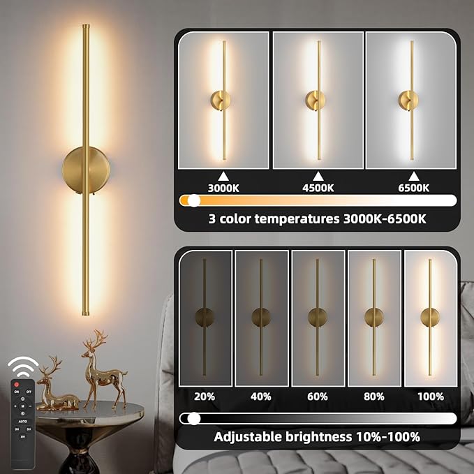 Wall Sconces Battery Operated Set of Two, Gold LED Wireless Wall Sconce with Remote Control 350° Rotate, 27.6 Inch Dimmable USB Rechargeable Wall Lights for Living Room Bedroom Hallway - Bloomnest