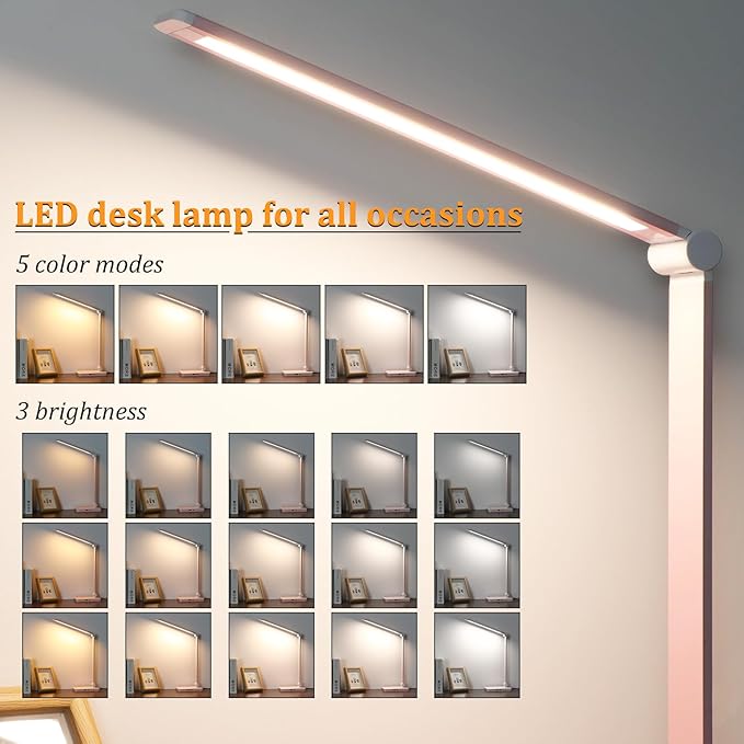 LED Desk Lamp with USB Ports,Touch Desk Lamps for Home Office with 5 Color Modes,3 Brightness Desk Light with Small Night Light,Reading Lamp Table Lamp for Bedroom Bedside Study Pink （with adapter） - Bloomnest