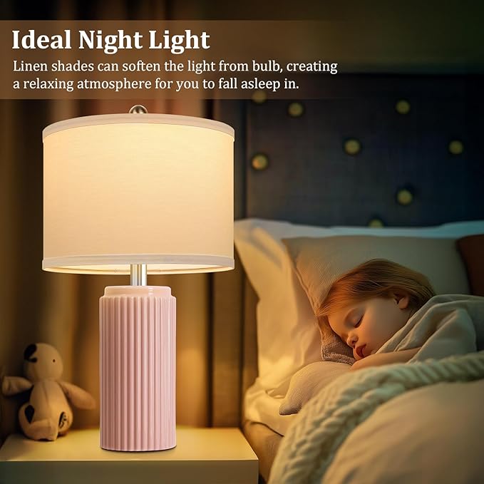 23.5’’ Modern Pink Table Lamps Set of 2 for Living Room, Ceramic Bedside Lamps with White Linen Shade for Girls Room, Rustic Nightstand Lamps for Bedroom Home Office, Cute Lamps for End Table Dorm - Bloomnest
