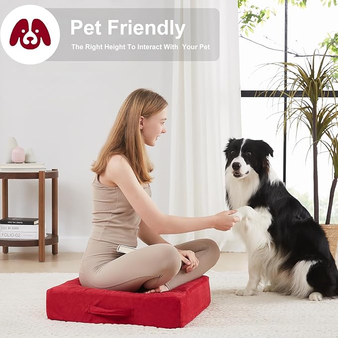 2 Pcs High Density Foam Floor Pillow - Upgraded Large Pillows Seating for Adults - Outdoor Floor Cushion with Soft Tufted Cover - Yoga Pillows for Sitting On Floor - 22 Inch Burgundy - Bloomnest