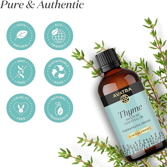 Avatra Thyme Essential Oil 100ML (3.38 OZ) with Glass Dropper and Travel Bottle, Pure and Natural Therapeutic Grade Thyme Oil for Diffuser, Aromatherapy, Massage, and DIY Candle Products - Bloomnest