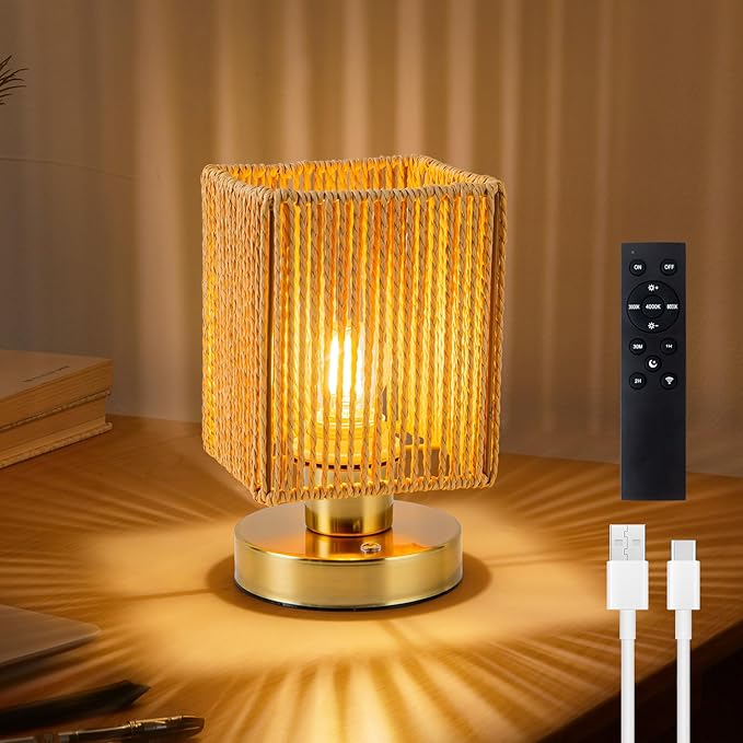 Rattan Table Lamp, 6000mah Battery Operated Table Lamp, Boho Small Desk Lamp, 3 Brightness Dimming for Bedroom Living Room Kids Room Touch Switch, Bulb Included - Bloomnest
