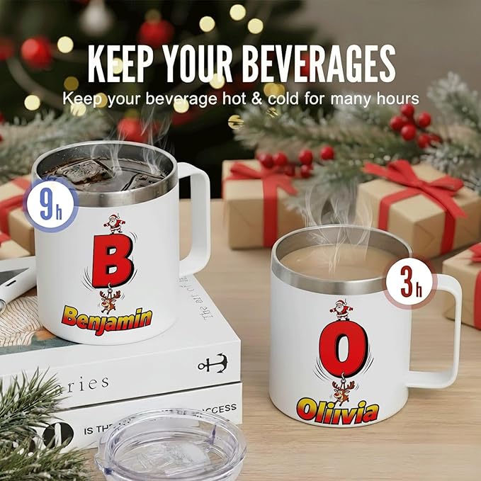 Personalized Christmas Mug with Initial & Name - Funny Santa & Reindeer Custom 12oz Insulated Stainless Steel Coffee Cup Tumbler with Handle & Lid - Unique Holiday Xmas Gifts for Kids (B151) - Bloomnest