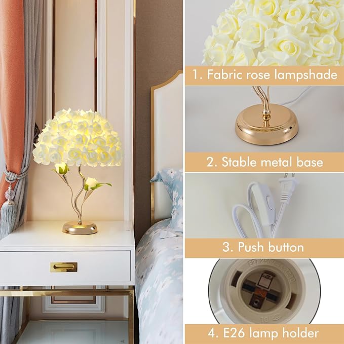 Flowers Table Light Fabric Rose Nightstand Lamp Creative Romantic Bouquet Desk Lamp Yellow Princess Lamp for Wedding Decor Valentines Dating Bedroom Livingroom Hotel Office - Bloomnest
