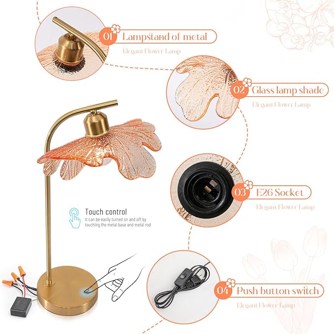 Mid Century Modern Table lamp 2 Pack Gold Table Lamps with Touch Switch Amber Glass Tall Table lamp Bedside Desk lamp nightstand lamp Small Table lamp for Bedroom Living Room Office - Bloomnest