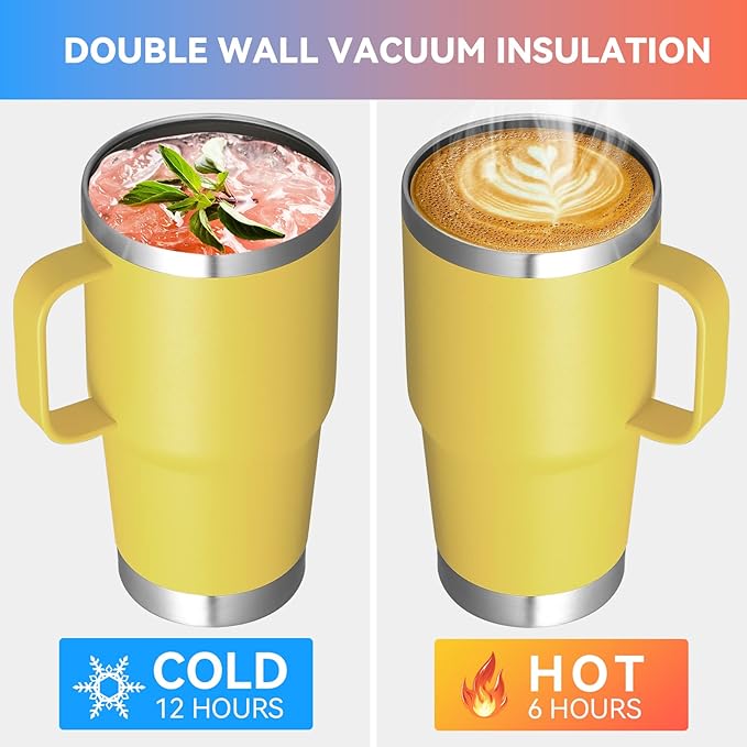 VEGOND 20 oz Tumbler Bulk with Handle Lid and Straw, Stainless Steel Insulated Travel Coffee Mug Set, Spill Proof Double Wall Metal Tumblers Cups, Yellow 6 Pack - Bloomnest
