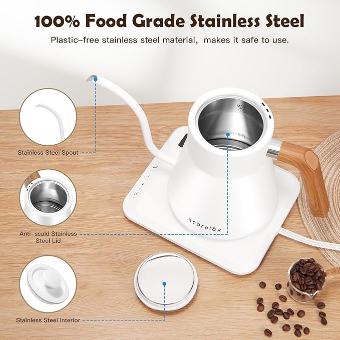 ECORELAX Gooseneck Electric Kettle, ±1℉ Temperature Control Pour Over Kettle for Coffee, Tea & Water, Stainless Steel 1200 W Keep Warm OLED Display 1 L (White) - Bloomnest