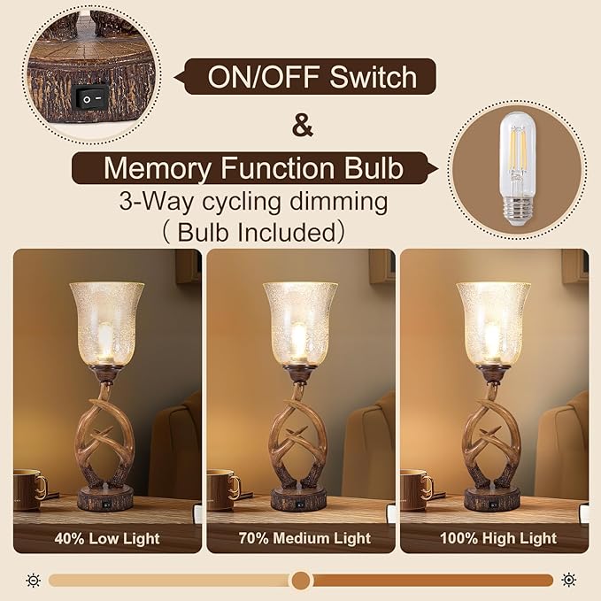 Scenekoy Antler Table Uplight Lamp for Living Room Bedroom, 20.5” Resin Memory Function Bedside Lamps with Glass Shade, Rustic Nightstand Lamp with USB Ports for Home Room Decor (Bulb Included) - Bloomnest