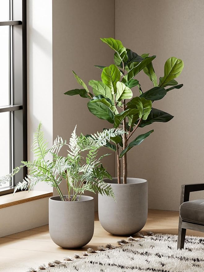LE TAUCI 10 Inch Plant Pot, Ceramic Pots for Plants with Drainage Hole and Rubber Plug, Plant Pots Indoor for Home Garden Patio Office, Cylinder Flower Planter Pot, Neutral Gray - Bloomnest